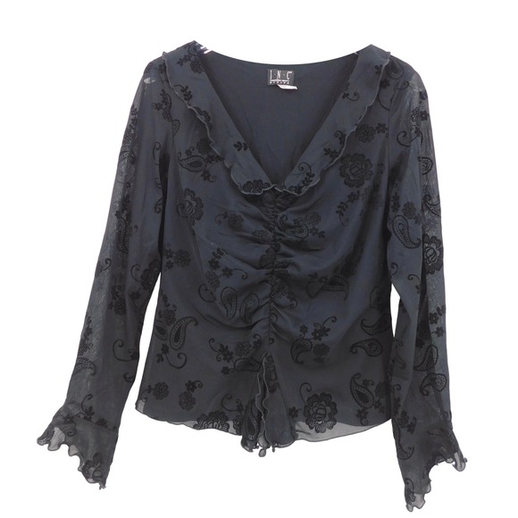 Vintage INC Black Floral Ruched Paisley Mesh Ruffle Blouse Top Size L - Picture 1 of 3